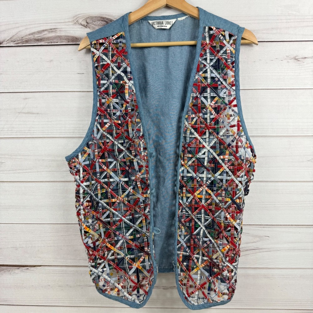 Vintage Victoria Jones Woman Denim Vest Colorful Cutout Embellished Unique